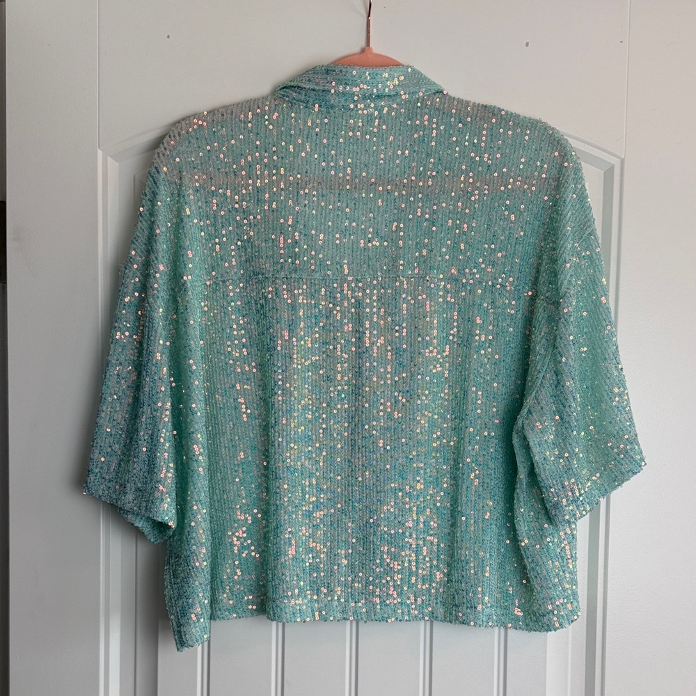 POL Light Turquoise Sequin Cropped Button-Down Top - image 2